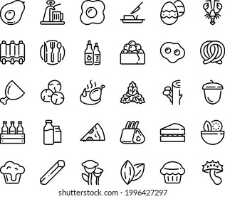 Food line icon set - salad, pizza piece, lobster, gunkan, pretzel, ketchup, acorn, fried chicken, butter knife, milk bootle and pack, ham, ribs, fork spoon plate, omelette, easter egg, cupcake, tap
