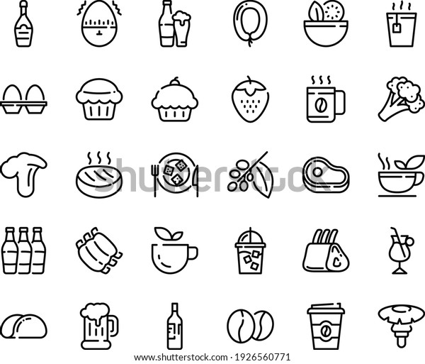 Food line icon set - salad, meat, cupcake, green tea,\
hot, coffee to go, beer mug, sausage, champagne, cheese plate,\
iced, tree, irish, beans, ribs, cutlet, egg stand, timer, wine\
bottle, cup