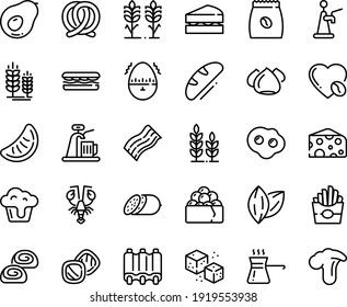 Food line icon set - sandwich, french fries, lobster, gunkan, cheese, salami, pretzel, spike, meringue, bakery, coffee love, pack, refined sugar, sowbelly, ribs, omelette, egg timer, turkish, bread