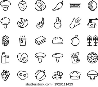 Food line icon set - sandwich, hot tea, chinese pasta, sashimi, olive oil, bread, milk bootle and pack, eggs yolk, omelette, smoothies, spikes, corn, pepper, bell, citrus, strawberry, plum, kiwi