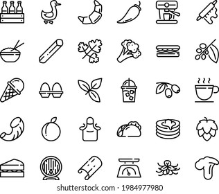 Food line icon set - sandwich, tacos, rice bowl, basil, olives, ice cream, beer barrel, croissant, goose, pancakes, coffee cup, iced, tree, machine, rolling pin, apron, kitchen scales, egg stand