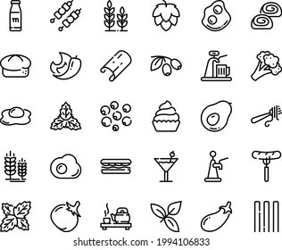 Food line icon set - sandwich, sausage on fork, tea ceremony, basil, with pasta, olives, bread, spike, omelette, bakery, cupcake, kebab, cocktail, milk bottle, hop, wheat, beer tap, broccoli, tomato