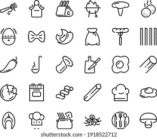 Food line icon set - sausage on fork, chef hat, with pasta, in pan, fish steak, ribs, meatballs, bbq, knife board, spoon plate, apron, ladle, stove, omelette, egg timer, flour bag, cabbage, pepper