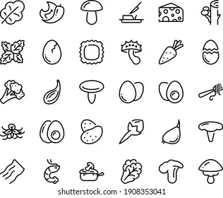 Food line icon set - shrimp, cheese, fork with pasta, julienne, butter knife, egg, broaken, eggs yolk, potato, carrot, arugula, broccoli, salad leaf, garlic, chili pepper, cloves, basil, vanilla