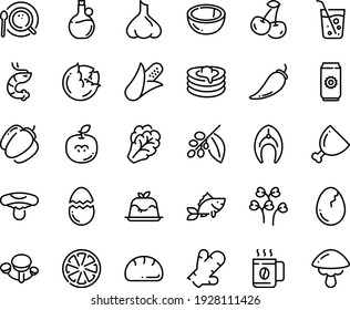 Food line icon set - shrimp, panna cotta, olive oil, pancakes, coffee top view, tree, ham, fish steak, broaken egg, soda glass, cup, bread, beer aluminium, corn, cabbage, arugula, pepper, bell, cep