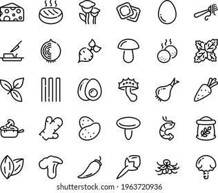 Food line icon set - shrimp, cheese, basil, fork with pasta, ravioli, julienne, butter knife, cutlet, meatballs, egg, eggs yolk, flour bag, potato, carrot, beet, onion, pepper, cloves, ginger, cumin