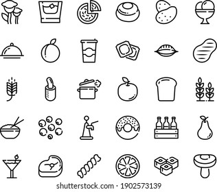 Food Line Icon Set - Spike, Pizza, Donut, Rice Bowl, Sushi Roll, Ravioli, Ice Cream, French Hot Dog, Coffee To Go, Meat, Steak, Cooking Pan, Dish Dome, Cocktail, Whiskey, Bread Piece, Cheesecake