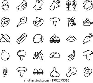 Food line icon set - spike, watermelon piece, dough and rolling pin, julienne, coffee tree, egg stand, broaken, pack, smoothies, spikes, tacos bread, carrot, corn, arugula, mushroom, bell pepper