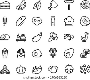 Food line icon set - spike, french fries, burito, sausage on fork, hot pepper, tea ceremony, lobster, olives, salami, cheese plate, meringue, bakery, goose, ham, chef hat, omelette, milk bottle, hop