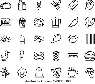 Food line icon set - spike, milk bottle, sandwich, tacos, fried chiken leg, dim sum, oyster, basil, olives, burger, goose, pancakes, coffee cup, iced, french press, bootle and pack, pancake, hop