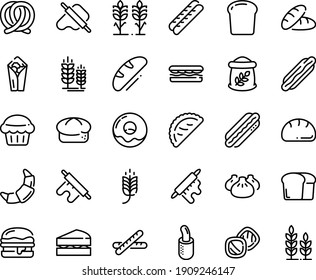 Food line icon set - spike, bread, hot dog, sandwich, burito, dim sum, dough and rolling pin, calsone, pretzel, burger, donut, croissant, baguette, french, piece, flour bag, spikes, sanwich, muffin