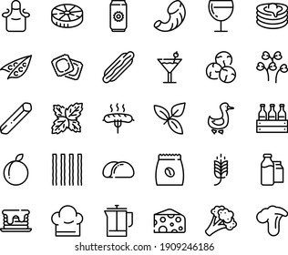 Food line icon set - spike, hot dog, cheese, basil, ravioli, wine glass, goose, pancakes, french press, coffee pack, milk bootle and, sausage on fork, chef hat, apron, cocktail, pancake, tacos bread