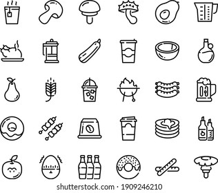 Food line icon set - spike, donut, hot tea, chinese chicken, olive oil, sausages, ketchup, french press, pancakes, iced coffee, to go, capsule, kebab, bbq, beaker, egg timer, beer mug, paper cup