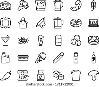 Food Line Icon Set - Spike, Sandwich, Cheese, Ice Cream, Pancakes, French Press, Instant Coffee, Machine, Refined Sugar, Milk Bootle And Pack, Pot, Rolling Pin, Apron, Cocktail, Bottle, Wine, Pepper