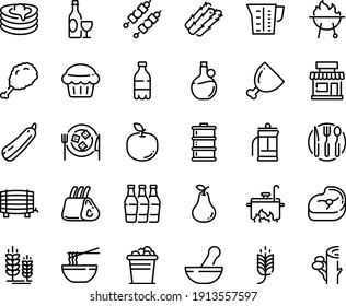 Food line icon set - spike, cafe, milk bottle, fried chiken leg, funchose, olive oil, wine, cheese plate, pancakes, ham, meat, kebab, ribs, bbq, fork spoon knife, cooking, beaker, french press, keg