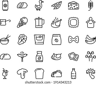 Food line icon set - spike, milk bottle, tacos, rice bowl, cheese, ice cream, salami, ravioli, sausage on fork, fried chicken, goose, french press, turkish coffee, instant, irish, pack, apron, peas