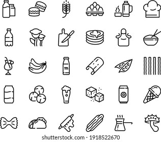 Food line icon set - spike, milk bottle, hot dog, tacos, rice bowl, ice cream, pancakes, irish coffee, refined sugar, bootle and pack, chef hat, rolling pin, knife board, apron, egg, turkish, peas
