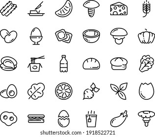 Food line icon set - spike, milk bottle, sandwich, hot tea, chinese pasta, oyster, cheese, basil, ravioli, bread, butter knife, broaken egg, stand, omelette, yolk, beet, asparagus, arugula, pumpkin