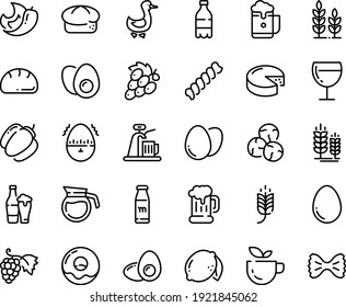 Food line icon set - spike, green tea, milk bottle, grape, bread, beer mug, donut, wine glass, cheese, goose, egg, eggs yolk, timer, coffee pot, wheat, foam, tap, bell pepper, lemon, chili, capers