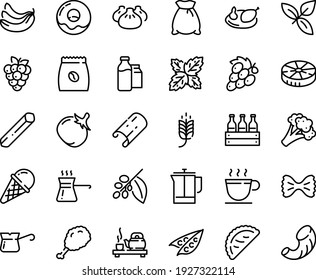 Food line icon set - spike, fried chiken leg, dim sum, tea ceremony, calsone, basil, ice cream, donut, coffee cup, french press, turkish, tree, pack, milk bootle and, chicken, flour bag, beer box