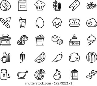 Food Line Icon Set - Spike, Drink, Cafe Shop, Pizza, Lunch Box, Basil, Olive Oil, Dish Dome, Bakery, French Press, Coffee Mill, Refined Sugar, Chicken Leg, Kitchen, Fork Spoon Knife Plate, Stove