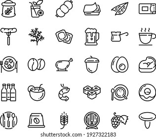 Food line icon set - spike, beer, sausage on fork, sushi roll, shrimp, grape, ravioli, barrel, acorn, pate can, donut, cheese plate, coffee cup, top view, turkish, beans, capsule, meat, chicken leg