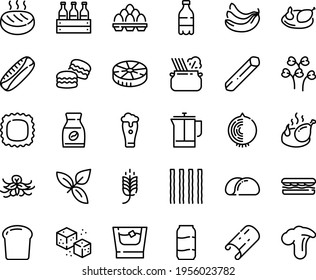Food line icon set - spike, milk bottle, sandwich, basil, pasta in pan, fried chicken, french press, instant coffee, refined sugar, cutlet, egg pack, whiskey, bread piece, macarons, tacos, aluminium