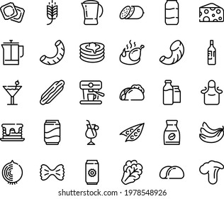Food line icon set - spike, hot dog, tacos, cheese, salami, ravioli, fried chicken, pancakes, french press, instant coffee, irish, machine, milk bootle and pack, pot, apron, cocktail, soda, pancake