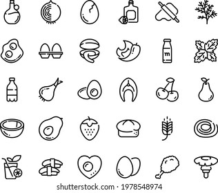 Food line icon set - spike, milk bottle, fried chiken leg, clam, sashimi, dough and rolling pin, lemoncello, olive oil, bread, omelette, fish steak, egg, stand, broaken, love, yolk, smoothies, onion