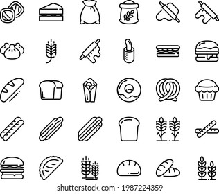 Food line icon set - spike, bread, hot dog, burger, sandwich, burito, dim sum, dough and rolling pin, calsone, pretzel, donut, baguette, french, piece, flour bag, spikes, sanwich, muffin, cookies