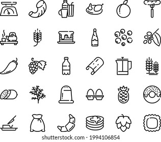 Food line icon set - spike, milk bottle, sausage on fork, donut, tea ceremony, grape, salami, croissant, pancakes, butter knife, french press, coffee tree, chicken, kitchen scales, egg stand, drinks