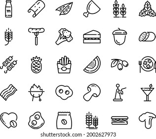 Food line icon set - spike, sandwich, french fries, sausage on fork, kebab, olives, salami, omelette, acorn, cheese plate, coffee love, pack, ham, sowbelly, bbq, cocktail, milk bottle, sanwich, peas
