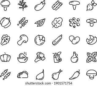 Food line icon set - tacos, octopus soup, kebab, olive oil, smoothies, beet, asparagus, peas, cabbage, arugula, onion, mushroom, broccoli, pepper, pumpkin, bell, eggplant, salad leaf, beans, garlic