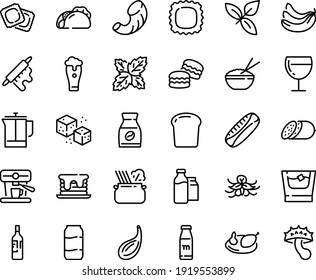 Food line icon set - tacos, rice bowl, basil, pasta in pan, salami, ravioli, wine glass, french press, instant coffee, machine, refined sugar, milk bootle and pack, chicken, rolling pin, bottle