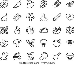 Food Line Icon Set - Tacos, Hot Pepper, Octopus Soup, Kebab, Basil, Olive Oil, Smoothies, Potato, Asparagus, Peas, Cabbage, Arugula, Onion, Mushroom, Tomato, Salad Leaf, Beans, Garlic, Squash, Chili