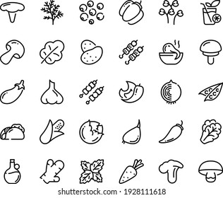 Food line icon set - tacos, octopus soup, kebab, olive oil, smoothies, potato, carrot, corn, peas, cabbage, arugula, mushroom, pepper, bell, eggplant, salad leaf, garlic, chili, ginger, onion, basil