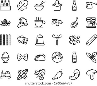 Food line icon set - tacos, sausage on fork, donut, rice bowl, tea ceremony, basil, olives, ravioli, coffee cup, turkish, machine, apron, egg stand, milk bottle, champagne, beer box, broccoli, salt