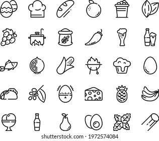 Food Line Icon Set - Tacos, Fish, Cheese, Beer Glass, Ice Cream, Coffee Tree, Bbq, Chef Hat, Cooking, Egg, Eggs Yolk, Easter, Timer, Bucket, Bread, Cupcake, Flour Bag, Bottle, Corn, Pepper, Banana