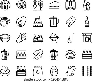 Food line icon set - tea ceremony, oyster, coffee pot, beer box, cheese plate, coffe maker, french press, pack, fish steak, cutlet, bbq, ribs, fork spoon knife, ladle, champagne, spikes, sanwich