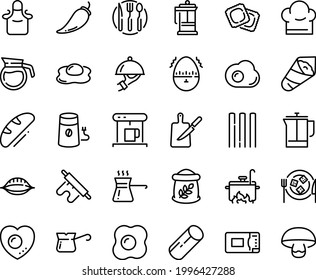 Food line icon set - temaki, ravioli, dish dome, cheese plate, french press, coffe maker, coffee mill, turkish, chef hat, knife board, fork spoon, apron, microwave oven, cooking, omelette, love egg