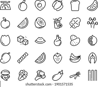 Food line icon set - watermelon piece, clam, fork with pasta, olive oil, refined sugar, fish steak, kitchen scales, broaken egg, love, smoothies, bread, potato, arugula, broccoli, bell pepper, plum