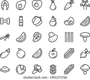 Food Line Icon Set - Watermelon Piece, Hot Dog, Fork With Pasta, Olive Oil, Fish Steak, Love Egg, Yolk, Milk Bottle, Potato, Carrot, Beet, Cabbage, Arugula, Broccoli, Bell Pepper, Eggplant, Pear