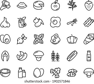 Food line icon set - watermelon piece, sashimi, temaki, fork with pasta, omelette, cheese, milk bootle and pack, fish steak, hot chicken wing, egg, eggs yolk, bottle, smoothies, wheat, beet, pumpkin