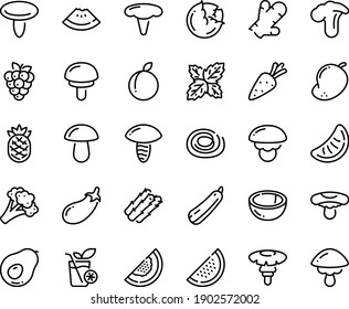 Food line icon set - watermelon piece, smoothies, carrot, asparagus, cabbage, broccoli, eggplant, squash, plum, raspberry, coconut, melon, mango, slice of tangerine, avocado, pineapple, ginger, cep