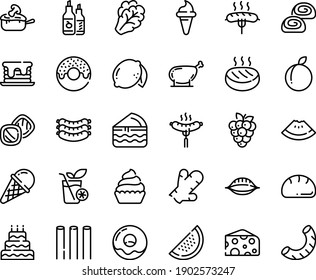Food line icon set - watermelon piece, donut, ice cream horn, cheese, sausages, sausage on fork, ketchup, bakery, cupcake, julienne, cutlet, chicken leg, smoothies, bread, big cake, pancake, cookies