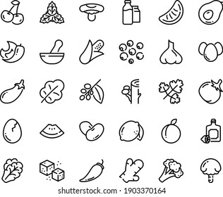 Food line icon set - watermelon piece, lemoncello, coffee tree, refined sugar, milk bootle and pack, broaken egg, eggs, corn, arugula, broccoli, pepper, tomato, eggplant, salad leaf, beans, cherry