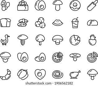 Food line icon set - watermelon piece, pizza, french hot dog, sashimi, gunkan, donut, croissant, cocktail, goose, chicken leg, eggs yolk, chick egg, love, bread, tacos, cabbage, bell pepper, capers