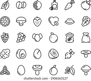 Food line icon set - watermelon piece, lemoncello, coffee tree, love, beans, egg, broaken, eggs, yolk, flour bag, carrot, beet, arugula, tomato, salad leaf, citrus, strawberry, plum, raspberry, kiwi