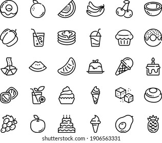 Food Line Icon Set - Watermelon Piece, Donut, Ice Cream Horn, Fortune Cookie, Panna Cotta, Cocktail, Cupcake, Pancakes, Refined Sugar, Soda Glass, Smoothies, Cake, Big, Muffin, Cookies, Cheesecake