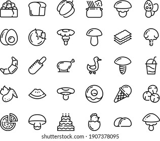 Food line icon set - watermelon piece, pizza, french hot dog, gunkan, pasta in pan, ice cream, donut, croissant, cocktail, goose, chicken leg, wing, chick egg, eggs yolk, bread, big cake, tacos, cep